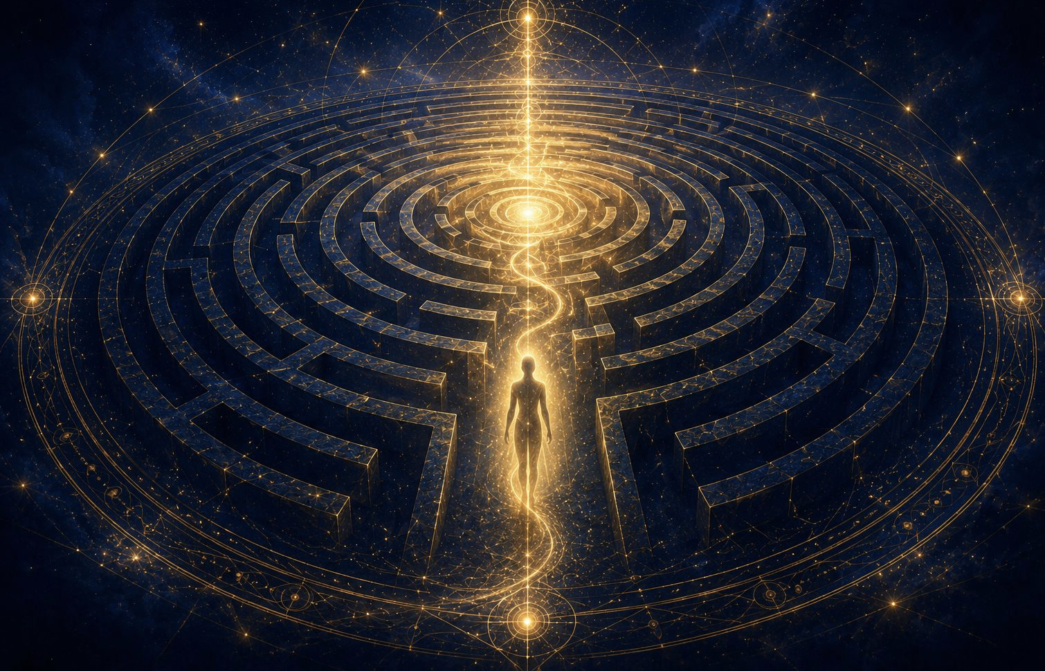 Labyrinthe lumineux doré sur fond cosmique